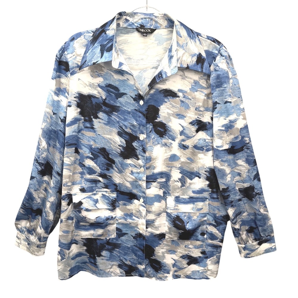 Misook Button Down Shirt Women Large Blue Abstract Print Pockets Long Sleeve